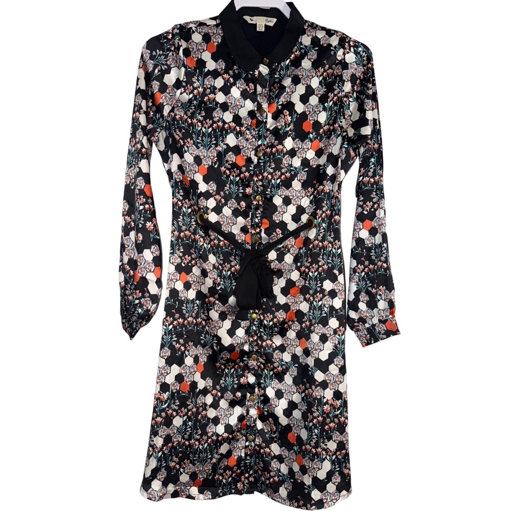 Yumi Womens Black Floral Geometric Honeycomb Satin Shirt Dress Size US 6 UK 10